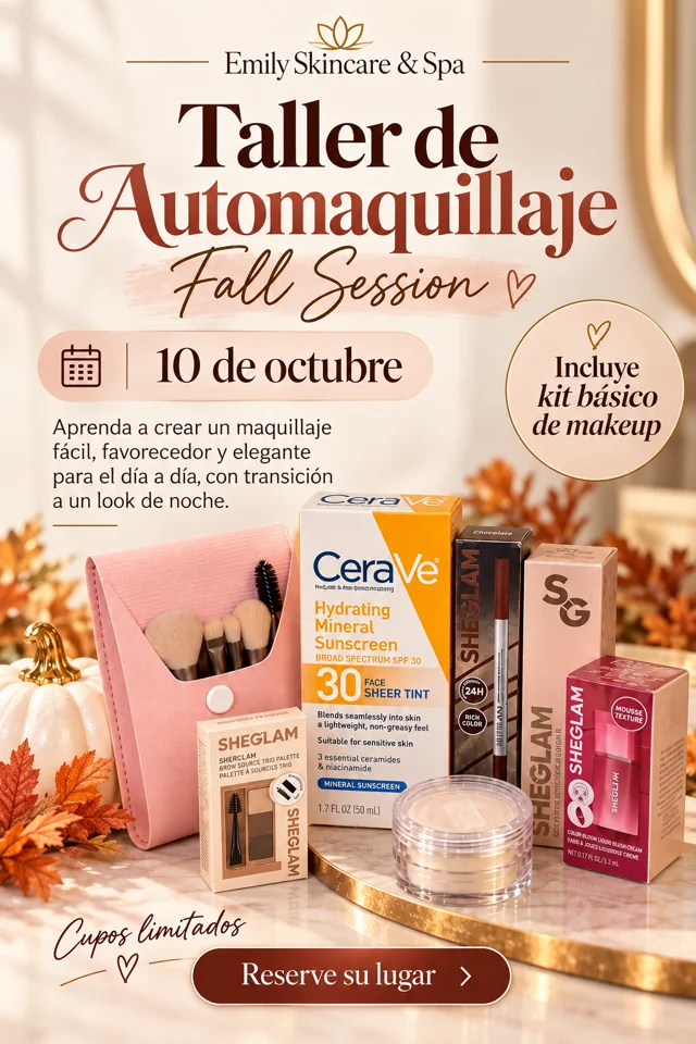 Cartel del taller del 10 de octubre y kit de maquillaje para llevar