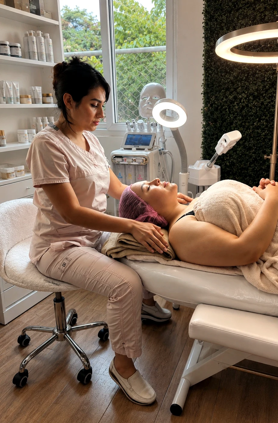 Emily providing a personalized facial treatment in a calm skincare studio.